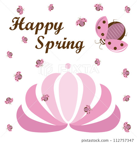 A greeting card with a pink flower and ladybugs zooming above it vector illustration A greeting card with a pink flower and ladybugs zooming above it vector illustration 112757347