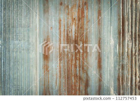 Old zinc wall texture background, rusty on galvanized metal panel sheeting. 112757453