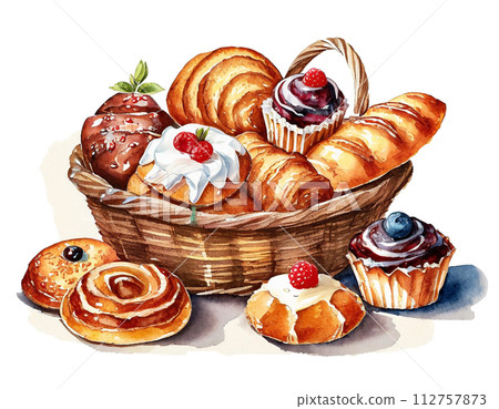 A lot of danish pastries in a bakery basket, cutouts on a white background A lot of danish pastries in a bakery basket, cutouts on a white background 112757873