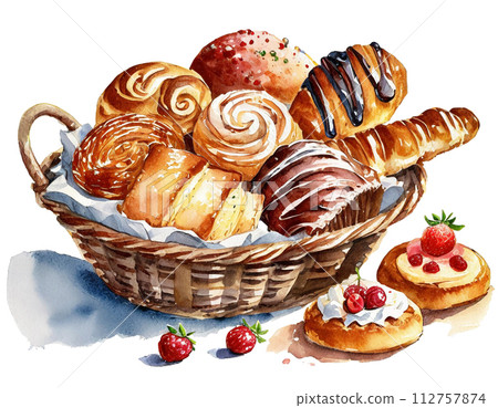 A lot of danish pastries in a bakery basket, cutouts on a white background 112757874