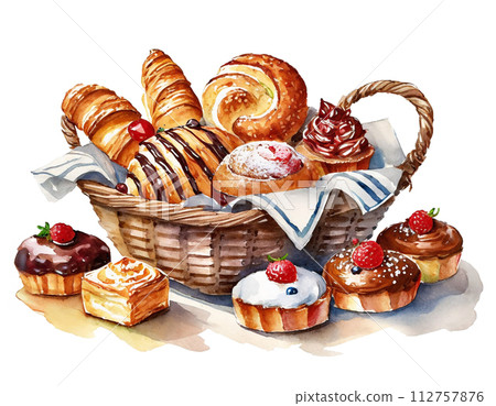 A lot of danish pastries in a bakery basket, cutouts on a white background 112757876