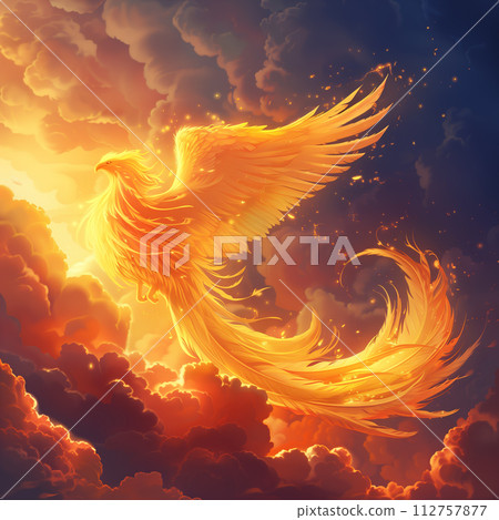 Phoenix and clouds flying in the sky, firebird, - Stock