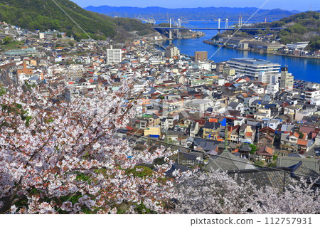 [Hiroshima Prefecture] The townscape of Onomichi seen from Senkoji Temple with cherry blossoms in full bloom 112757931