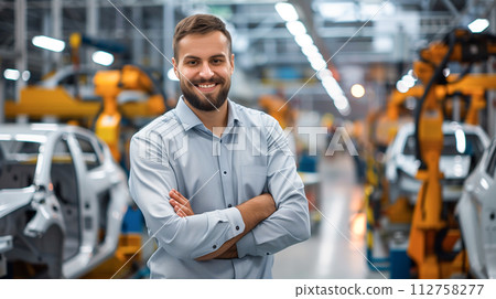 Manager engineer working in car line manufacturing modern technology industrial production factory. 112758277