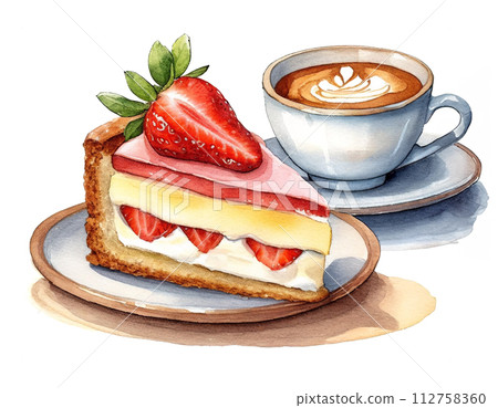 Illustration of a strawberry cut cake and coffee set at a coffee shop, cutout on white background 112758360