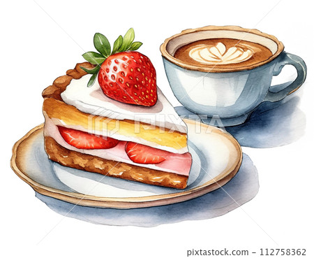 Illustration of a strawberry cut cake and coffee set at a coffee shop, cutout on white background Illustration of a strawberry cut cake and coffee set at a coffee shop, cutout on white background 112758362