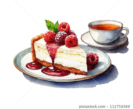 咖啡店裡草莓稀有起司蛋糕和茶具的插圖，白色背景上的切口 112758369