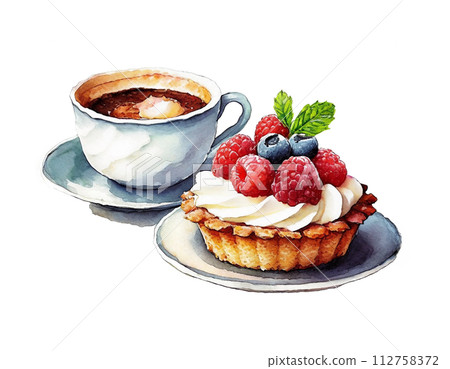 咖啡店漿果餡餅和咖啡具的插圖,白色背景上的切口 咖啡店漿果餡餅和咖啡具的插圖,白色背景上的切口 112758372