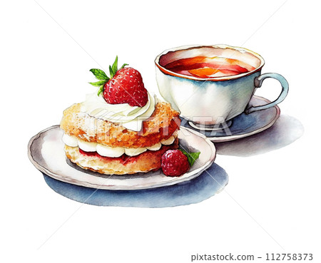 咖啡店的美式脆餅和茶具插圖,白色背景上的剪紙 咖啡店的美式脆餅和茶具插圖,白色背景上的剪紙 112758373