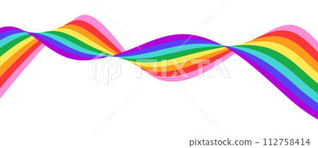 Rainbow wavy flowing ribbon design element. LGBTQ Pride month flag. Rainbow colored wave background template shape for banner, poster, flyer, brochure, booklet, cover. Vector backdrop 112758414