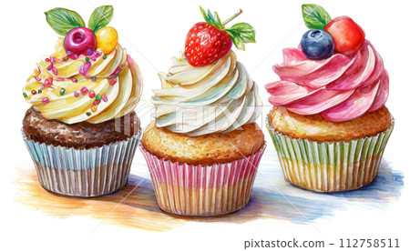 Illustration of colorful cupcakes cutout on white background 112758511
