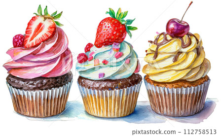 Illustration of colorful cupcakes cutout on white background 112758513