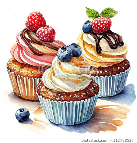 Illustration of colorful cupcakes cutout on white background Illustration of colorful cupcakes cutout on white background 112758525