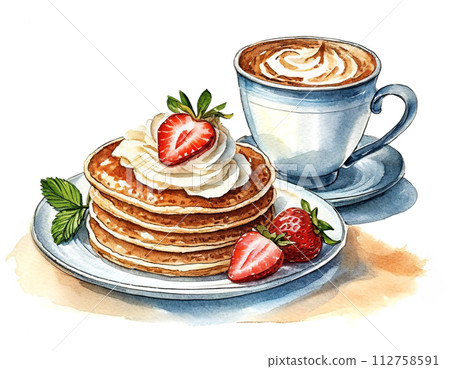 Illustration of a plate of pancakes topped with strawberries and fresh cream and a set of coffee, cutout on white background Illustration of a plate of pancakes topped with strawberries and fresh cream and a set of coffee, cutout on white background 112758591
