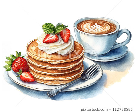 Illustration of a plate of pancakes topped with strawberries and fresh cream and a set of coffee, cutout on white background Illustration of a plate of pancakes topped with strawberries and fresh cream and a set of coffee, cutout on white background 112758595