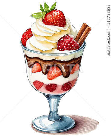 Strawberry parfait illustration cutout on white background 112758655