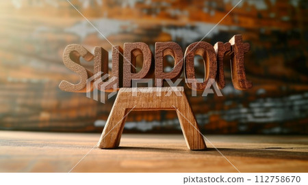 AI-generated content. Wooden Rosewood Support concept creative horizontal art poster. The Word Support made in textured lettering. Horizontal Illustration. Ai Generated Help and Assistance Symbol. 112758670