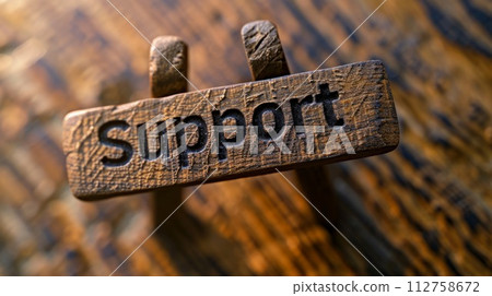AI-generated content. Wooden Ebony Support concept creative horizontal art poster. The Word Support made in textured lettering. Horizontal Illustration. Ai Generated Help and Assistance Symbol. 112758672