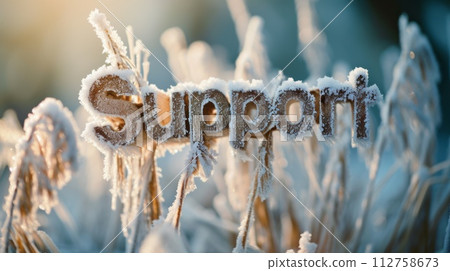 AI-generated content. Winter Support concept creative horizontal art poster. The Word Support made in textured lettering. Horizontal Illustration. Ai Generated Help and Assistance Symbol. 112758673