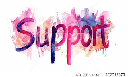 AI-generated content. The Word Support created in Watercolor Calligraphy. Decorative lettering of the word Support. Help and Assistance Concept. Creative postcard. Ai Generated Digital art poster. 112758675