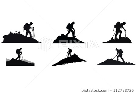 Hiker sanding on a hill silhouette, Hiker Silhouettes, hiking man with rucksacks silhouette. People with backpack vector silhouettes. Hiker sanding on a hill silhouette, Hiker Silhouettes, hiking man with rucksacks silhouette. People with backpack vector silhouettes. 112758726