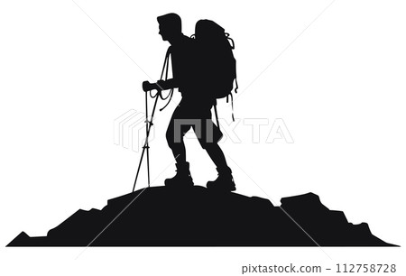 Hiker sanding on a hill silhouette, Hiker Silhouettes, hiking man with rucksacks silhouette. People with backpack vector silhouettes. Hiker sanding on a hill silhouette, Hiker Silhouettes, hiking man with rucksacks silhouette. People with backpack vector silhouettes. 112758728