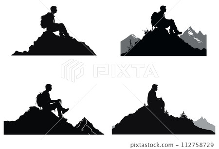 Hiker sitting on a hill silhouette, Hiker Silhouettes, hiking man with rucksacks silhouette. People with backpack vector silhouettes. Hiker sitting on a hill silhouette, Hiker Silhouettes, hiking man with rucksacks silhouette. People with backpack vector silhouettes. 112758729
