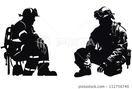 Firefighter sitting silhouette, firefighter with equipment silhouette vector Firefighter sitting silhouette, firefighter with equipment silhouette vector 112758740