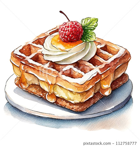 Illustration of a waffle topped with fresh cream and berries, cutout on a white background 112758777