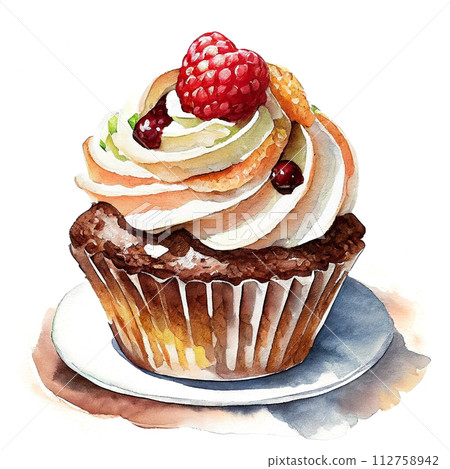 Illustration of chocolate and raspberry cupcake cutout on white background Illustration of chocolate and raspberry cupcake cutout on white background 112758942