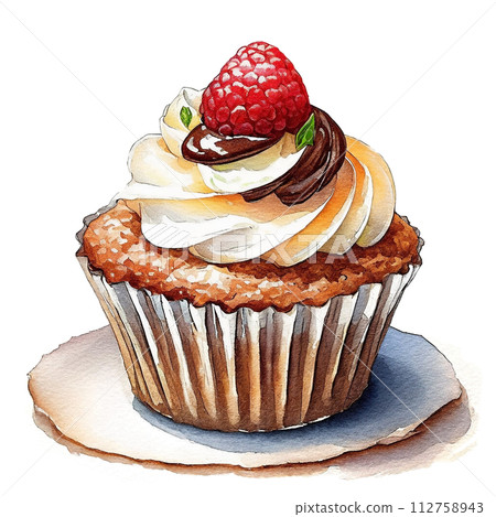 Illustration of chocolate and raspberry cupcake cutout on white background Illustration of chocolate and raspberry cupcake cutout on white background 112758943