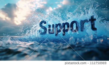 AI-generated content. Ocean Water Support concept creative horizontal art poster. The Word Support made in textured lettering. Horizontal Illustration. Ai Generated Help and Assistance Symbol. AI-generated content. Ocean Water Support concept creative horizontal art poster. The Word Support made in textured lettering. Horizontal Illustration. Ai Generated Help and Assistance Symbol. 112758989