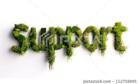 AI-generated content. The Word Support created in Moss-Covered Letters. Decorative lettering of the word Support. Help and Assistance Concept. Creative postcard. Ai Generated Digital art poster. 112758995