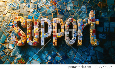 AI-generated content. Mosaic Tile Support concept creative horizontal art poster. The Word Support made in textured lettering. Horizontal Illustration. Ai Generated Help and Assistance Symbol. 112758996