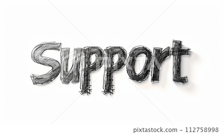 AI-generated content. The Word Support created in Minimalist Drawing. Decorative lettering of the word Support. Help and Assistance Concept. Creative postcard. Ai Generated Digital art poster. 112758998