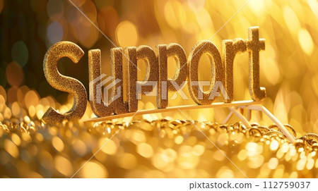 AI-generated content. Golden Support concept creative horizontal art poster. The Word Support made in textured lettering. Horizontal Illustration. Ai Generated Help and Assistance Symbol. 112759037