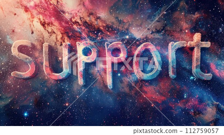 AI-generated content. Galaxy Support concept creative horizontal art poster. The Word Support made in textured lettering. Horizontal Illustration. Ai Generated Help and Assistance Symbol. 112759057