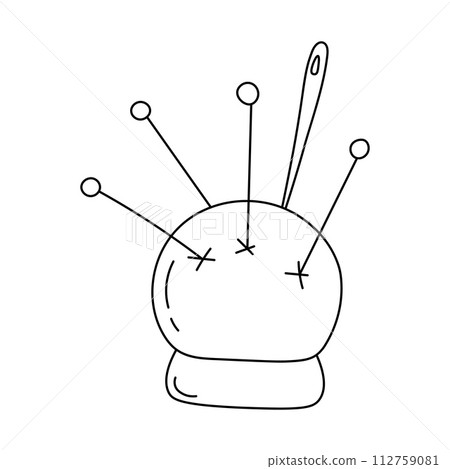 Soft pincushion for storing pins and needles on an isolated background. Pin cushion. Sewing tool. Vector illustration. 112759081