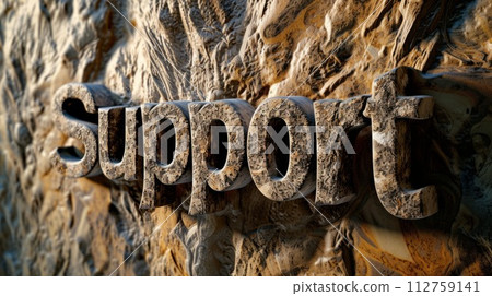AI-generated content. Brown Marble Support concept creative horizontal art poster. The Word Support made in textured lettering. Horizontal Illustration. Ai Generated Help and Assistance Symbol. 112759141