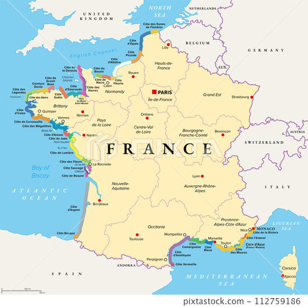 The coasts of France, political map. Most important coasts and beaches in France. Commonly used and popular names of the stretches in tourism. Map with the regions of France and most important cities. 112759186