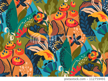 Vector seamless pattern with bright flowers and leaves. Endless floral background Vector seamless pattern with bright flowers and leaves. Endless floral background 112759491