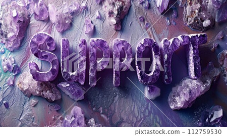 AI-generated content. Amethyst Crystal Support concept creative horizontal art poster. The Word Support made in textured lettering. Horizontal Illustration. Ai Generated Help and Assistance Symbol. 112759530