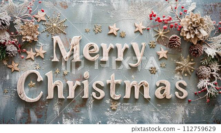 AI-generated content. Scrapbooking Merry Christmas concept creative horizontal art poster. Words Merry Christmas made in textured lettering. Horizontal Illustration. Ai Generated Holiday and 112759629