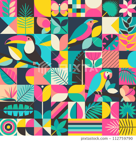 Vector summer seamless pattern assembled from squares with natural elements, birds, flowers and geometric ornaments. Vector endless background in modern style 112759790