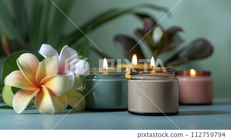 Image of aroma candle and plumeria flower spa AI image 112759794