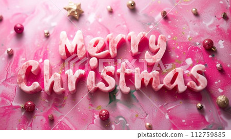 AI-generated content. Pink Marble Merry Christmas concept creative horizontal art poster. Words Merry Christmas made in textured lettering. Horizontal Illustration. Ai Generated Holiday and 112759885