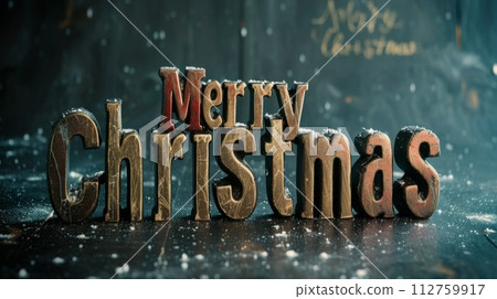 AI-generated content. Onyx Crystal Merry Christmas concept creative horizontal art poster. Words Merry Christmas made in textured lettering. Horizontal Illustration. Ai Generated Holiday and 112759917