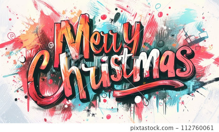 AI-generated content. Words Merry Christmas created in Graffiti Calligraphy. Decorative lettering of words Merry Christmas. Holiday Concept. Creative postcard. Ai Generated Digital art poster. 112760061
