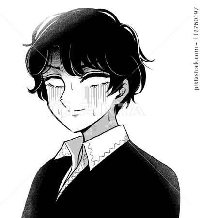 Showa-era girl manga-style illustration of a frightened boy character with the whites of his eyes turned away. 112760197