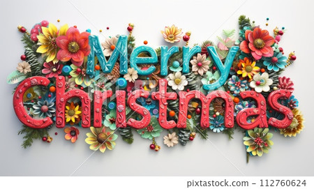 AI-generated content. Words Merry Christmas created in Assemblage Art. Decorative lettering of words Merry Christmas. Holiday Concept. Creative postcard. Ai Generated Digital art poster. AI-generated content. Words Merry Christmas created in Assemblage Art. Decorative lettering of words Merry Christmas. Holiday Concept. Creative postcard. Ai Generated Digital art poster. 112760624